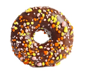 Photo of Delicious glazed doughnut with sprinkles on white background