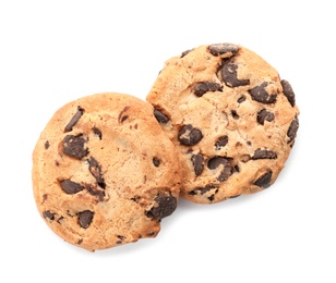 Photo of Tasty chocolate cookies on white background, top view