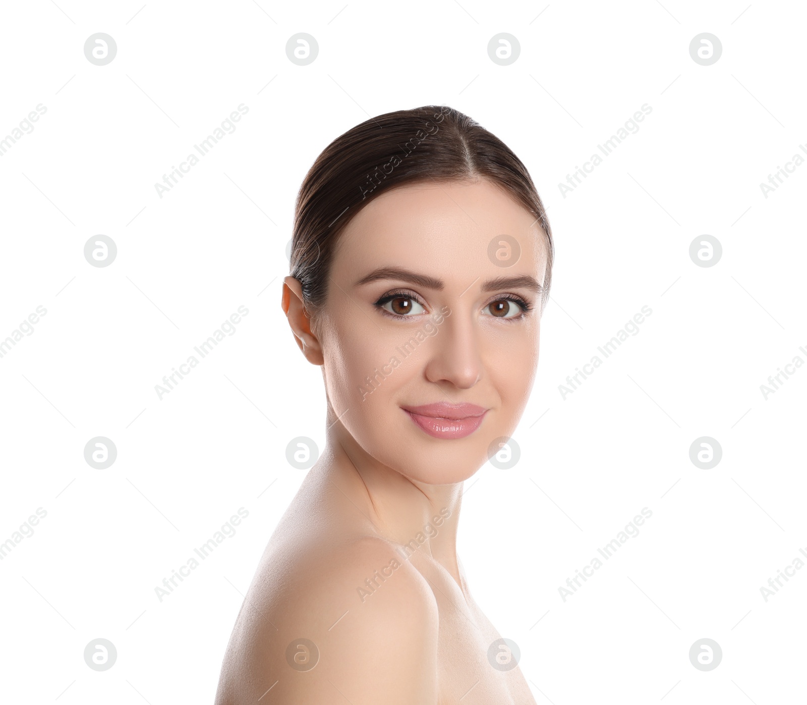 Photo of Portrait of young woman with beautiful face on white background