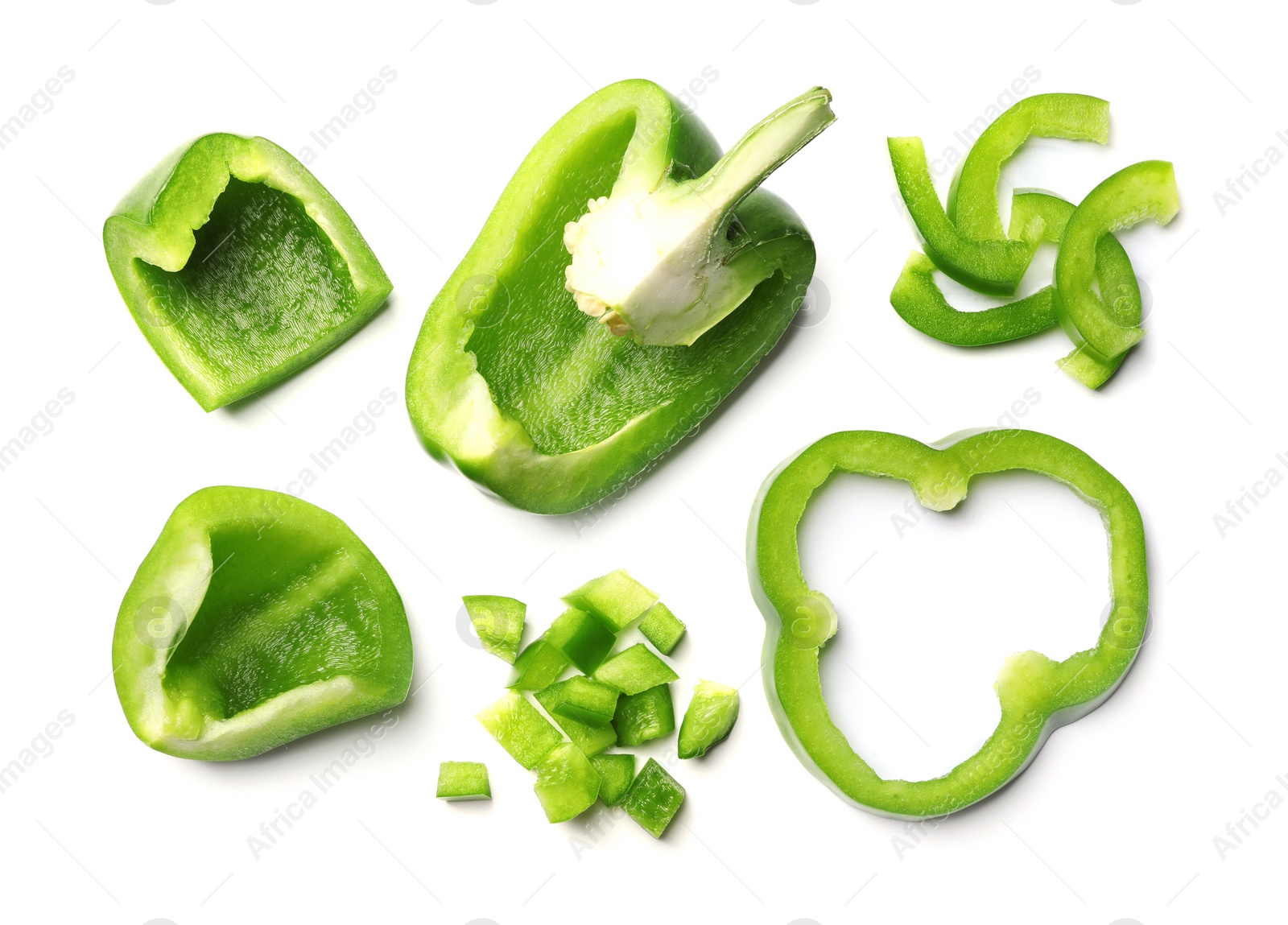 Photo of Cut green bell peppers on white background, top view