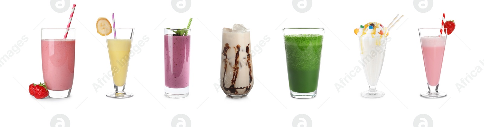 Image of Set of glasses with different protein shakes on white background. Banner design