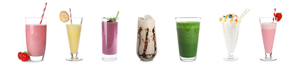 Image of Set of glasses with different protein shakes on white background. Banner design