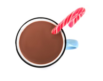 Photo of Cup of delicious hot chocolate with candy cane isolated on white, top view