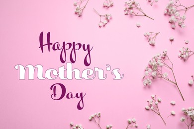 Image of Happy Mother's Day. Beautiful flowers on pink background, flat lay