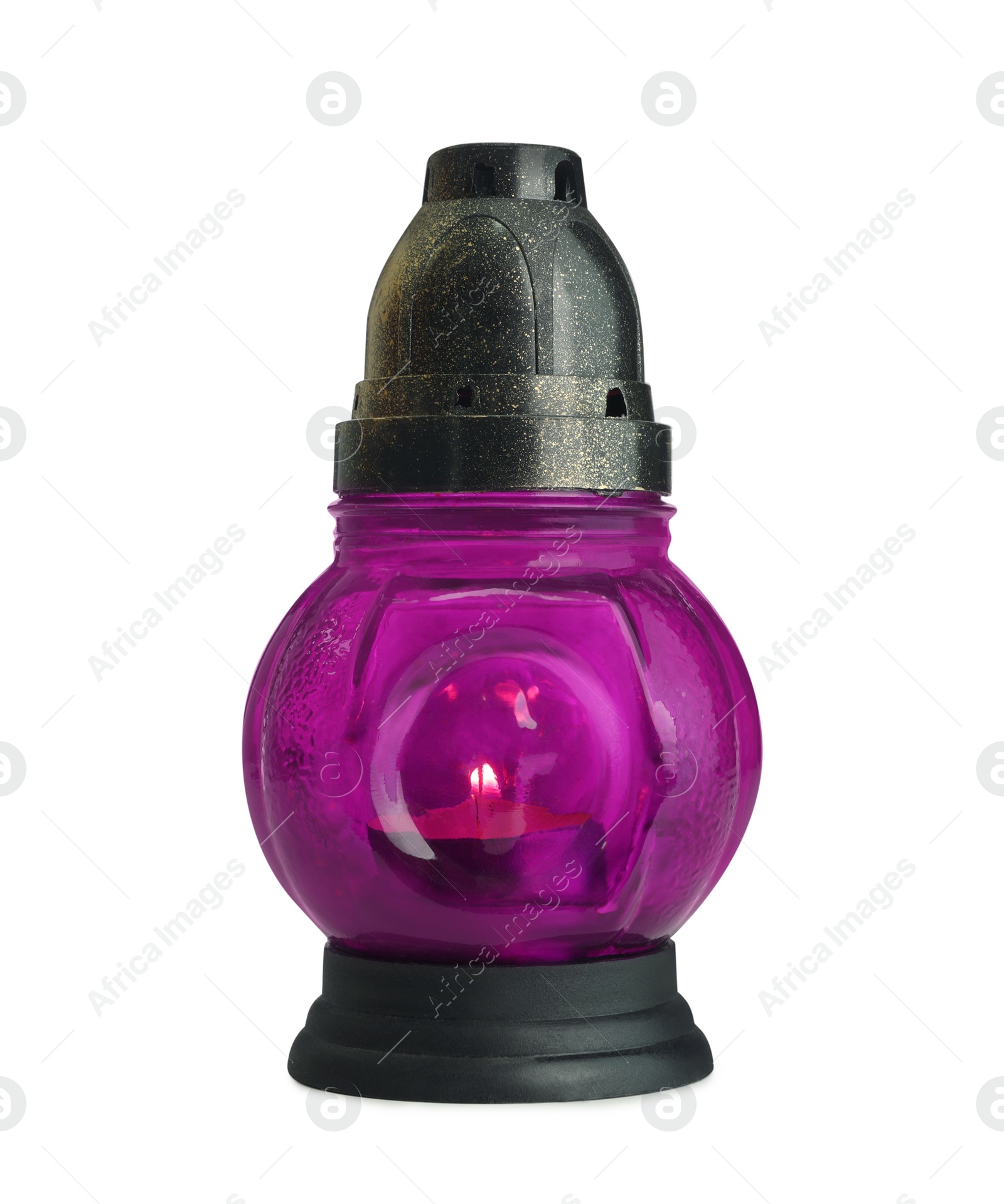 Photo of Purple grave light with burning candle isolated on white. Symbol of remembrance