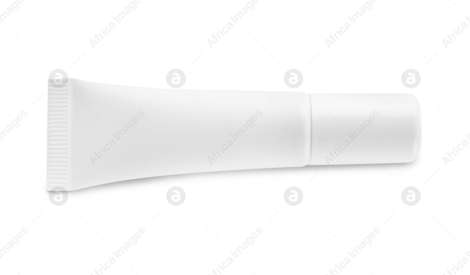 Photo of Blank tube of cosmetic product on white background, top view