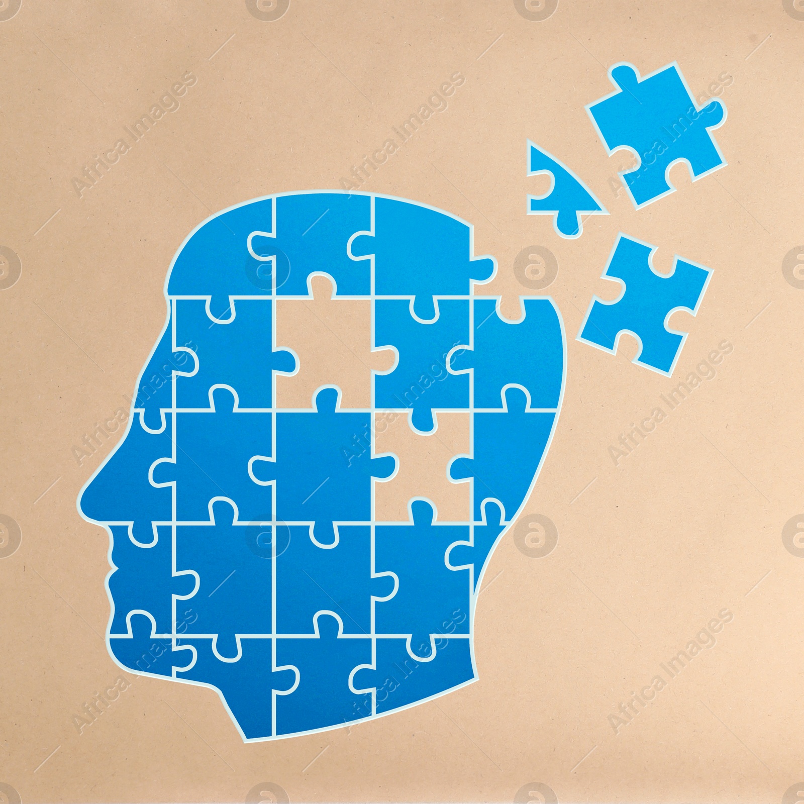 Illustration of Dementia concept. Drawing of blue head shaped jigsaw puzzle with missing pieces on beige background