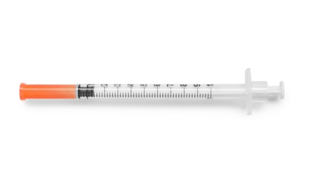 Photo of Empty syringe on white background, top view. Medical treatment