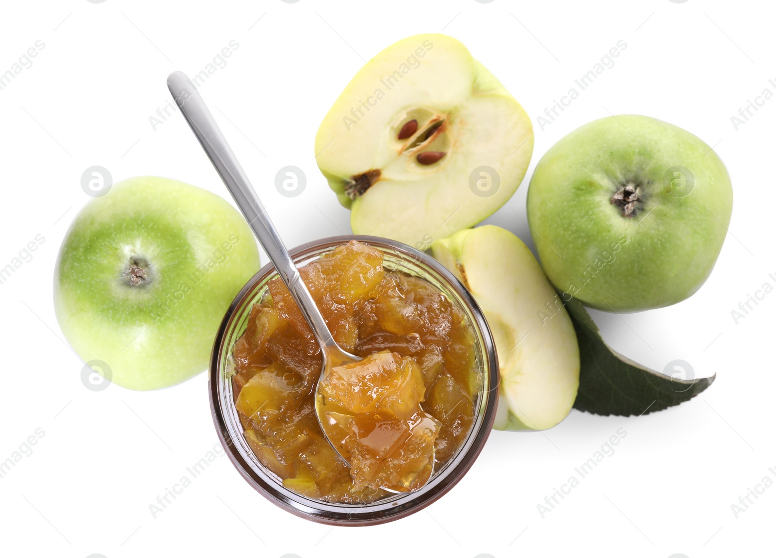 Photo of Glass jar of delicious apple jam and fresh fruits isolated on white, top view