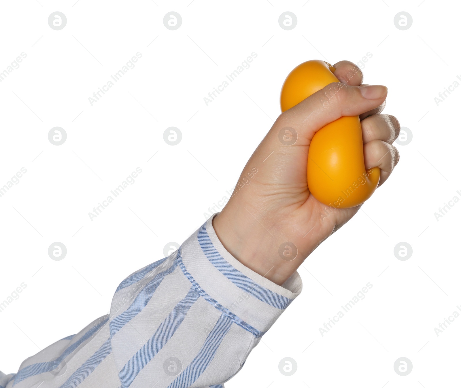 Photo of Woman squeezing antistress ball on white background, closeup