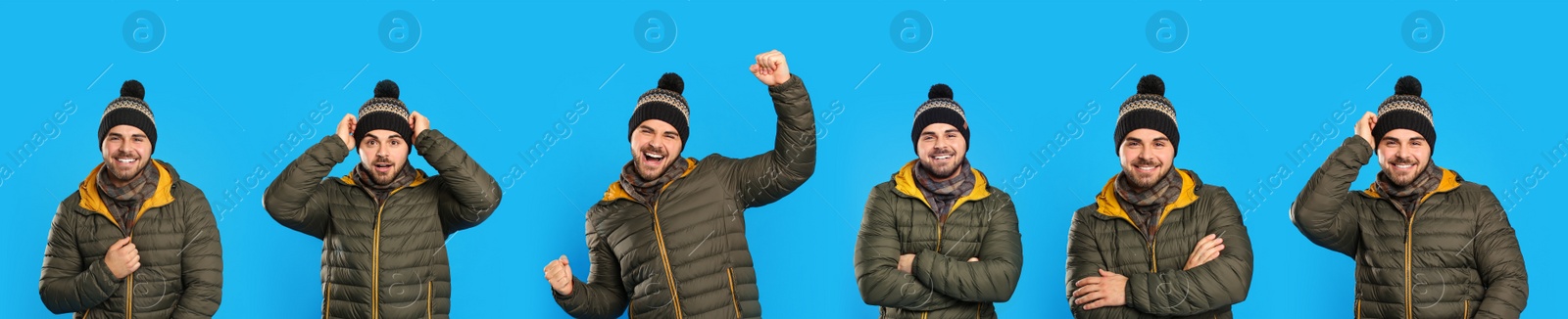 Image of Collage with photos of man wearing warm clothes on blue background, banner design. Winter vacation