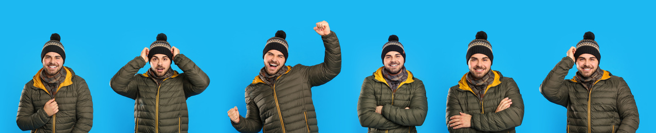 Collage with photos of man wearing warm clothes on blue background, banner design. Winter vacation