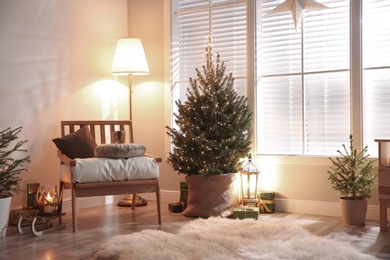 Stylish room with Christmas decorations. Festive interior design