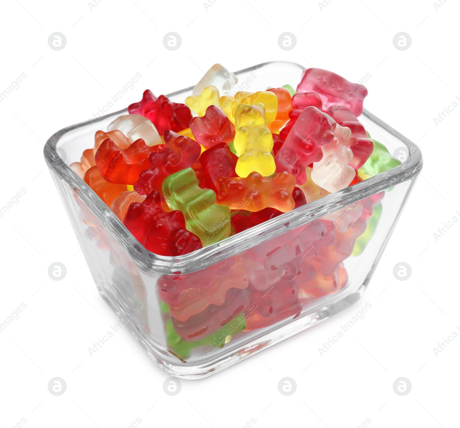 Photo of Glass bowl with delicious jelly bears on white background