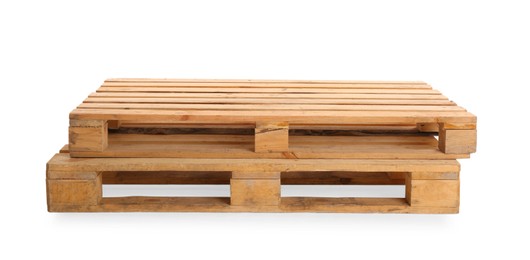 Photo of Wooden pallets isolated on white. Transportation and storage