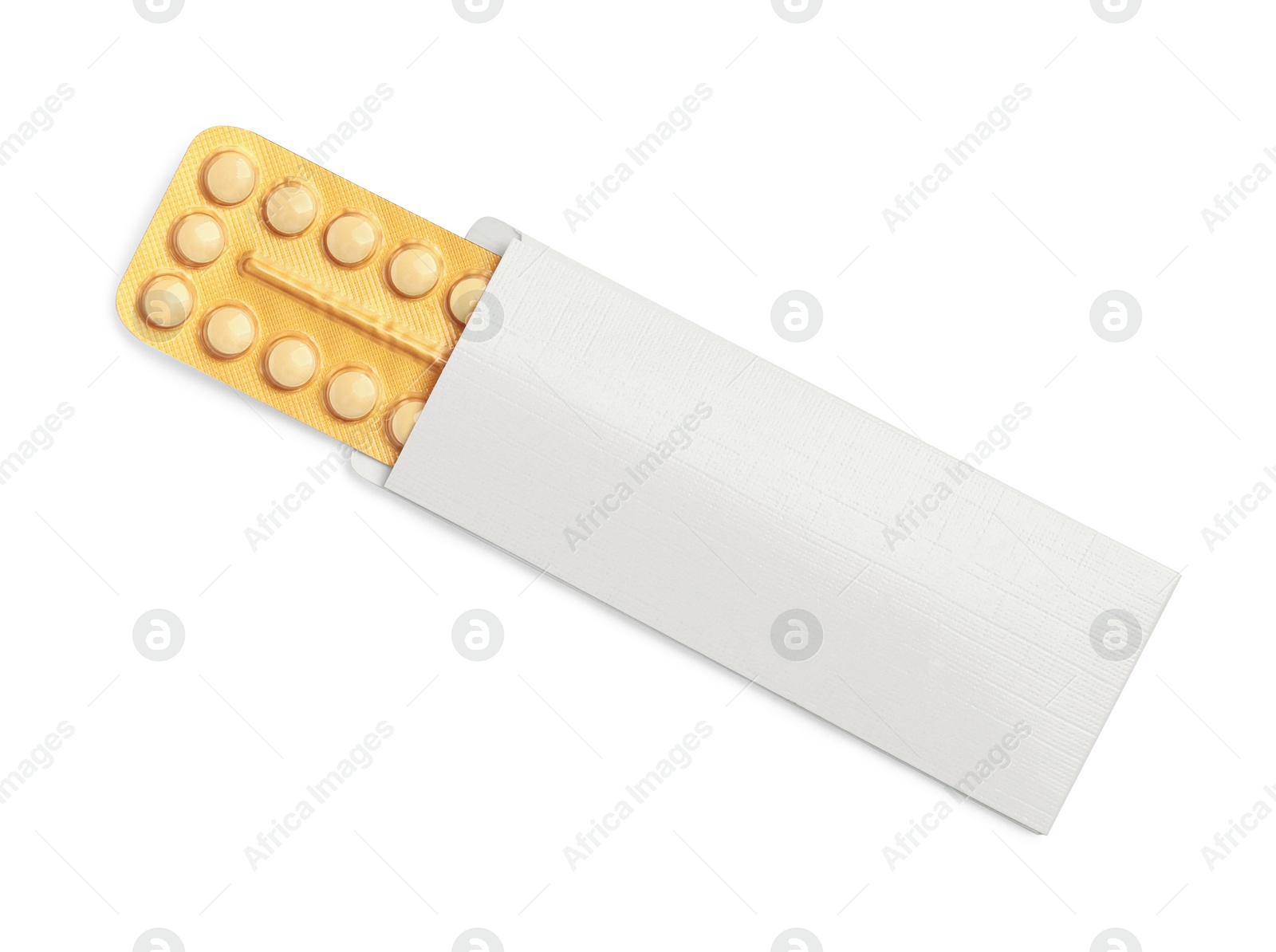 Photo of Blister of oral contraception pills isolated on white, top view