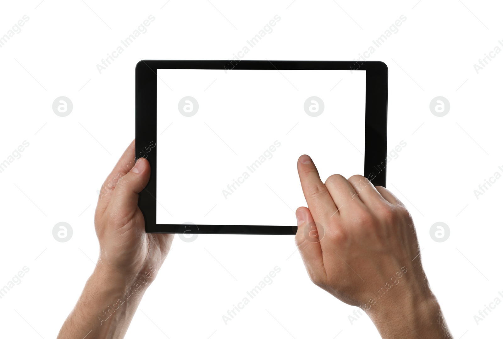 Photo of Man using tablet computer with blank screen on white background, closeup. Modern gadget