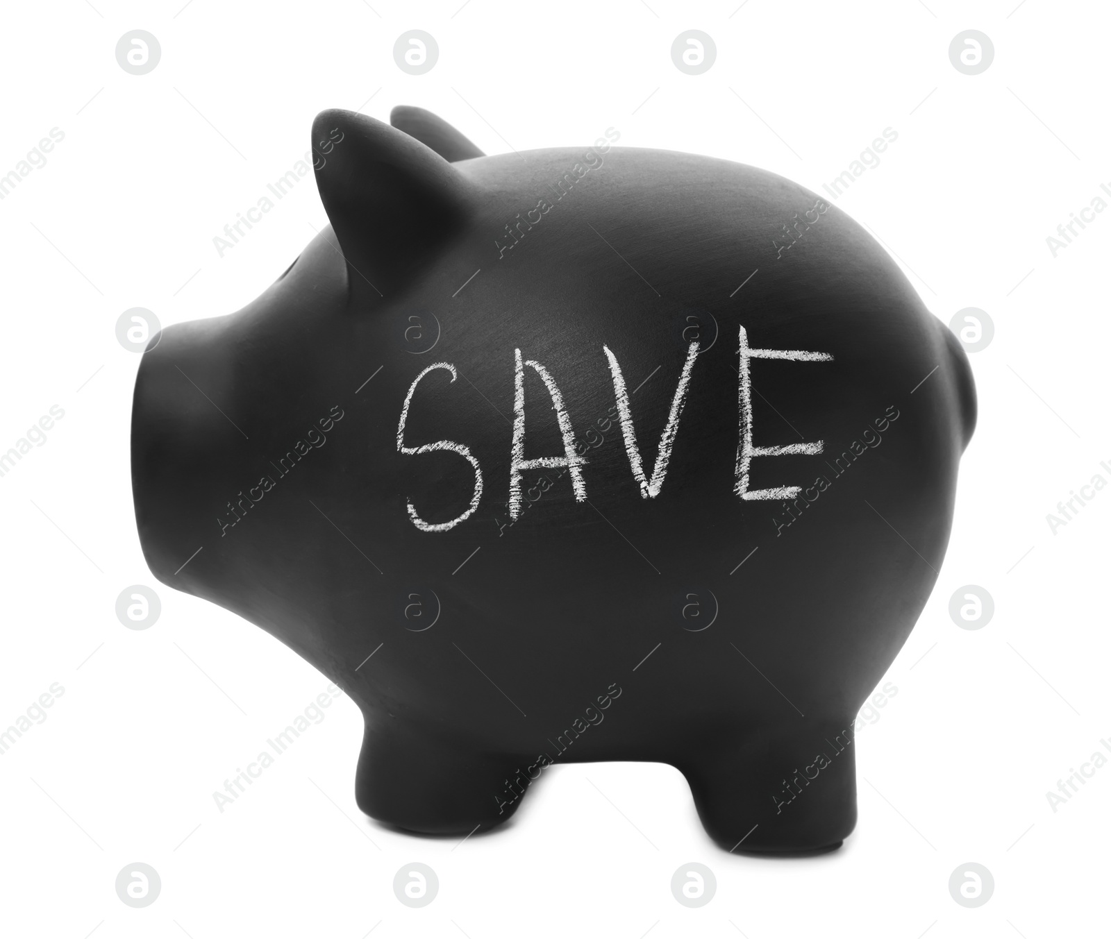 Photo of Black piggy bank with word SAVE on white background