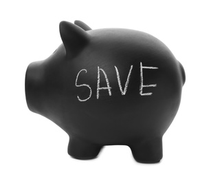 Photo of Black piggy bank with word SAVE on white background