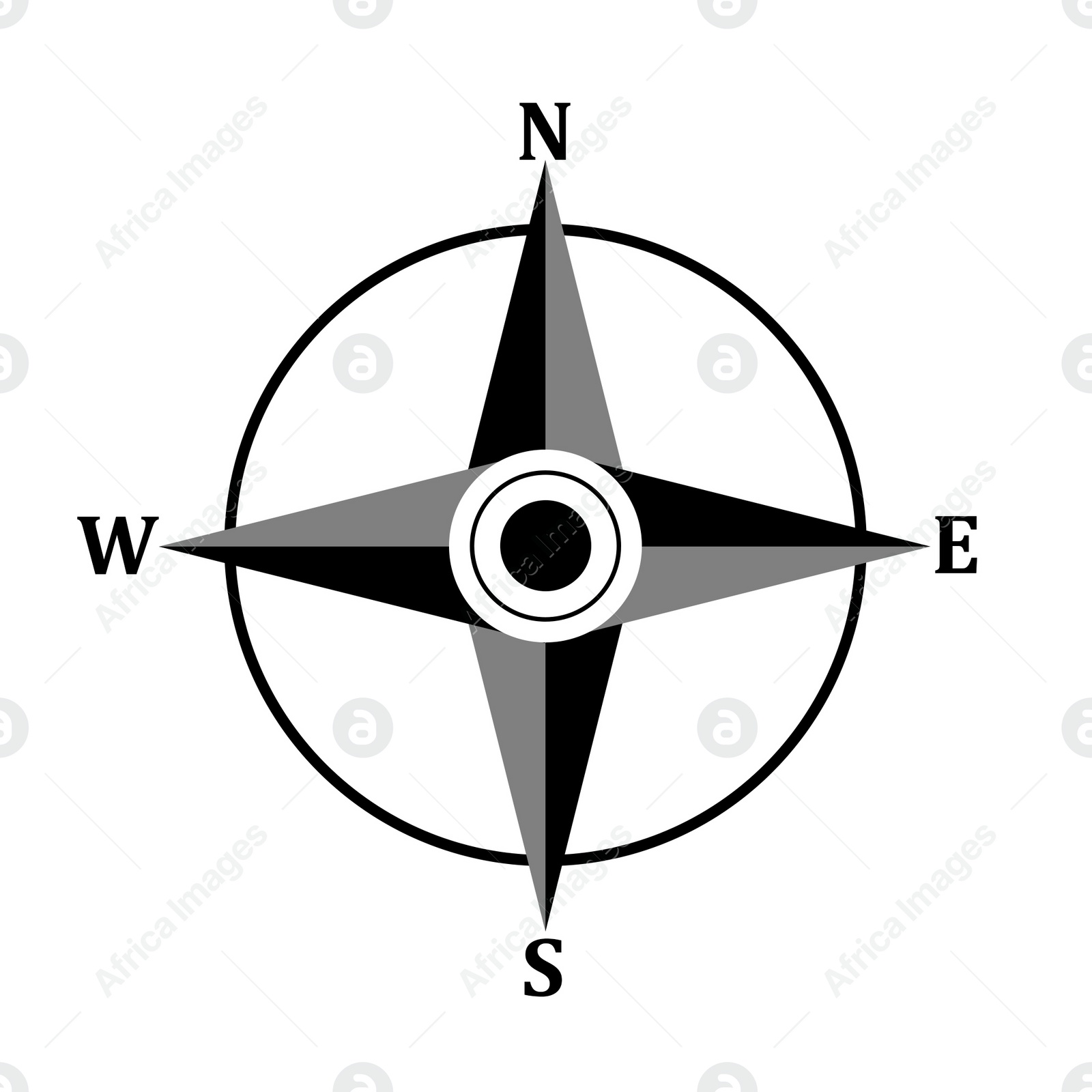 Illustration of Compass rose with four cardinal directions - North, East, South, West on white background. Illustration