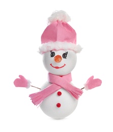 Photo of Decorative snowman with pink hat, scarf and mittens isolated on white