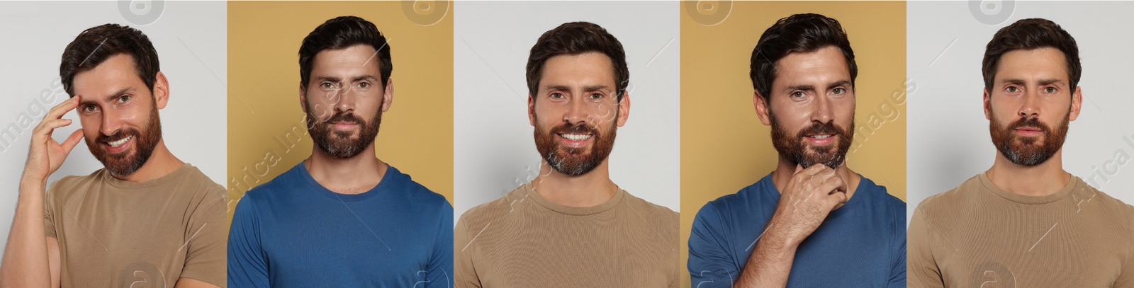 Image of Collage with photos of handsome bearded man on color backgrounds. Banner design