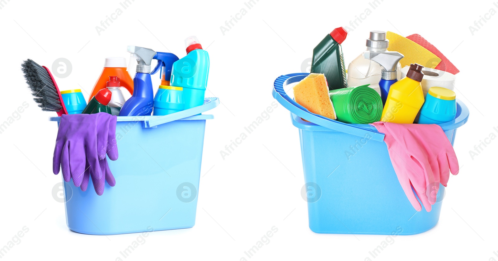 Image of Buckets with cleaning supplies on white background