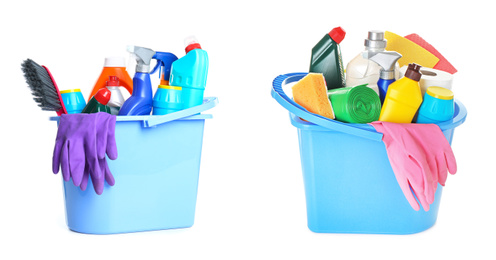 Image of Buckets with cleaning supplies on white background