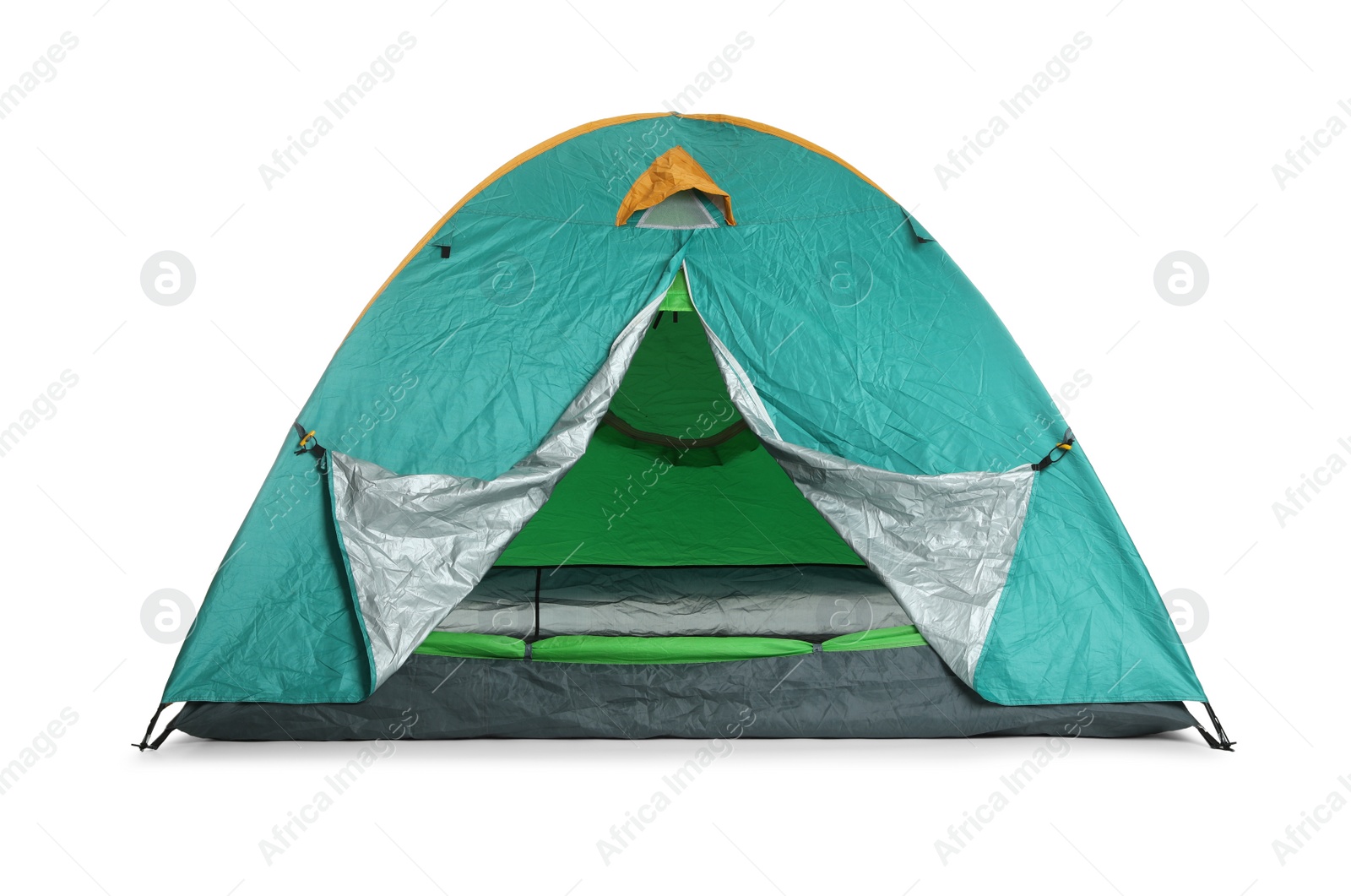 Photo of Bright turquoise camping tent on white background