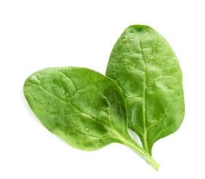 Fresh green healthy baby spinach leaves isolated on white, top view