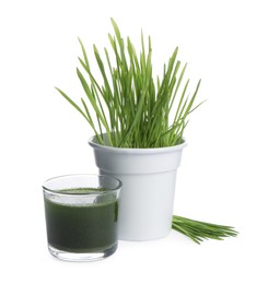 Photo of Wheat grass in pot, glass of green drink and fresh sprouts isolated on white