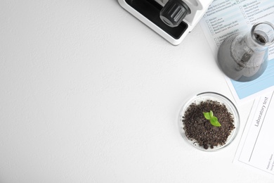 Photo of Petri dish with soil and sprouted plant on white table, flat lay. Biological chemistry