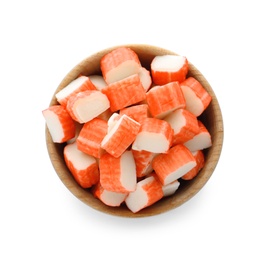 Photo of Cut crab sticks in bowl on white background, top view