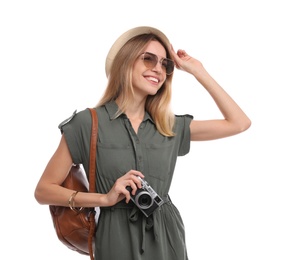 Photo of Happy woman with backpack and camera on white background. Summer travel