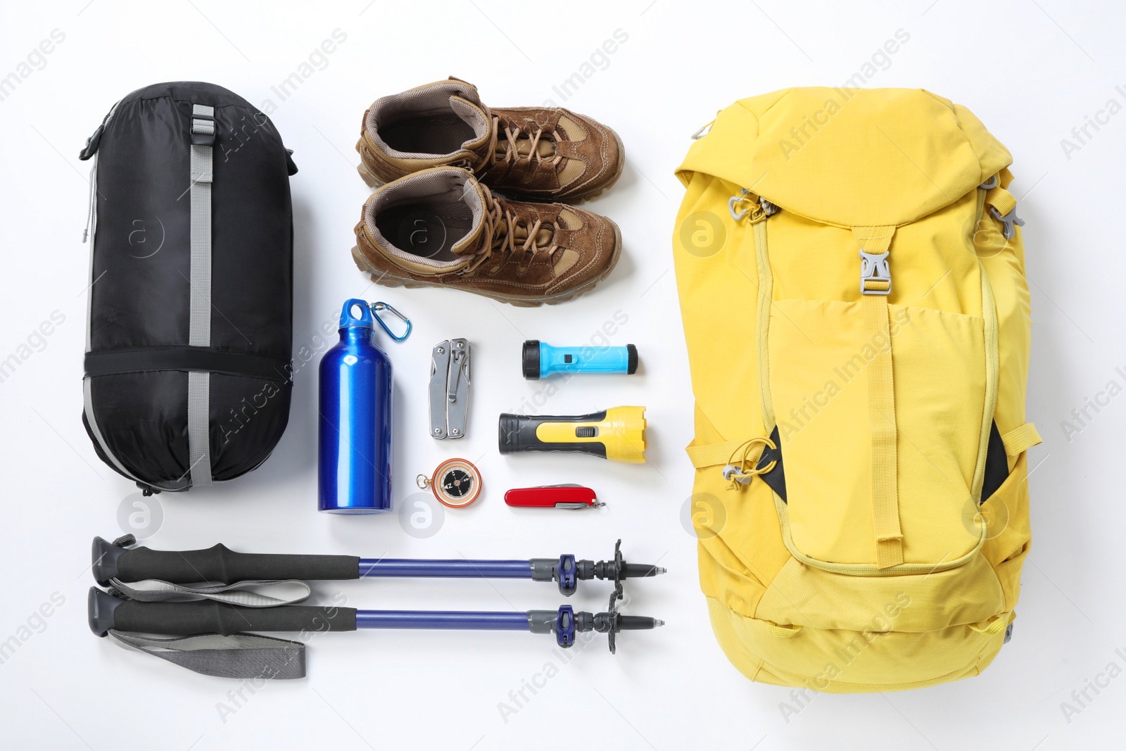 Photo of Trekking poles and camping equipment for tourism on white background, top view