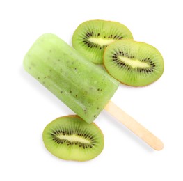 Photo of Tasty kiwi ice pop isolated on white, top view. Fruit popsicle