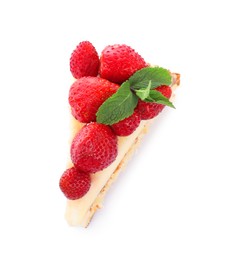 Photo of Piece of tasty cake with fresh strawberries and mint isolated on white, top view