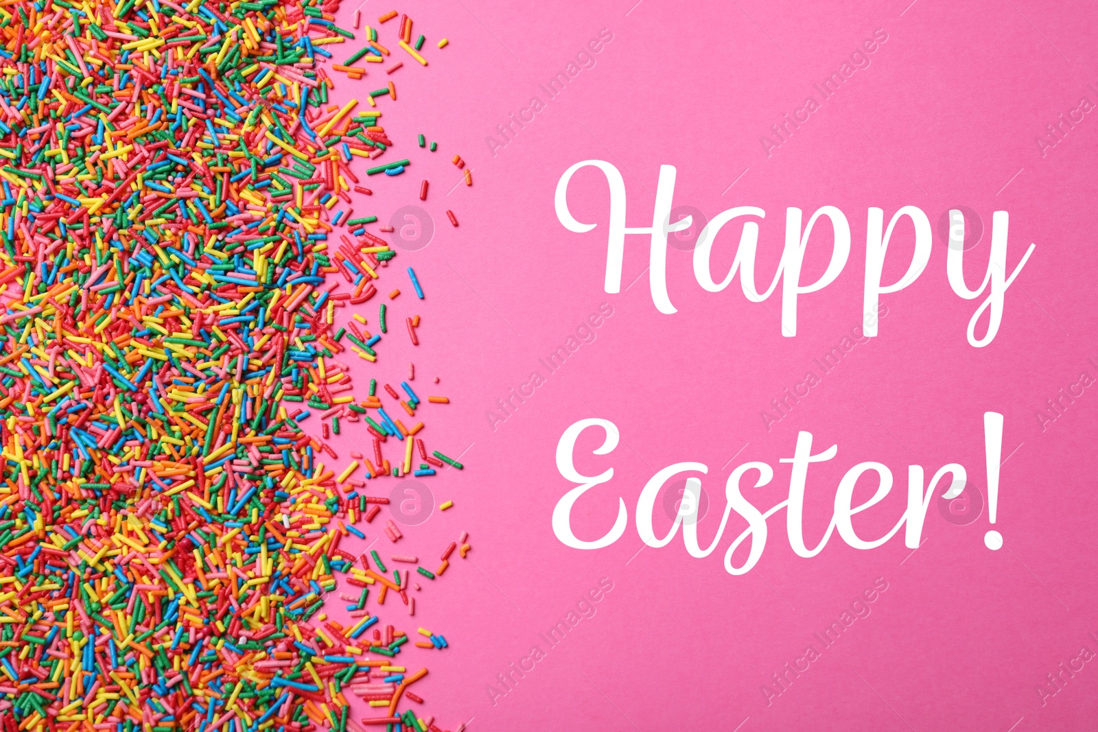 Image of Text Happy Easter and colorful sprinkles on pink background, flat lay. Confectionery decor