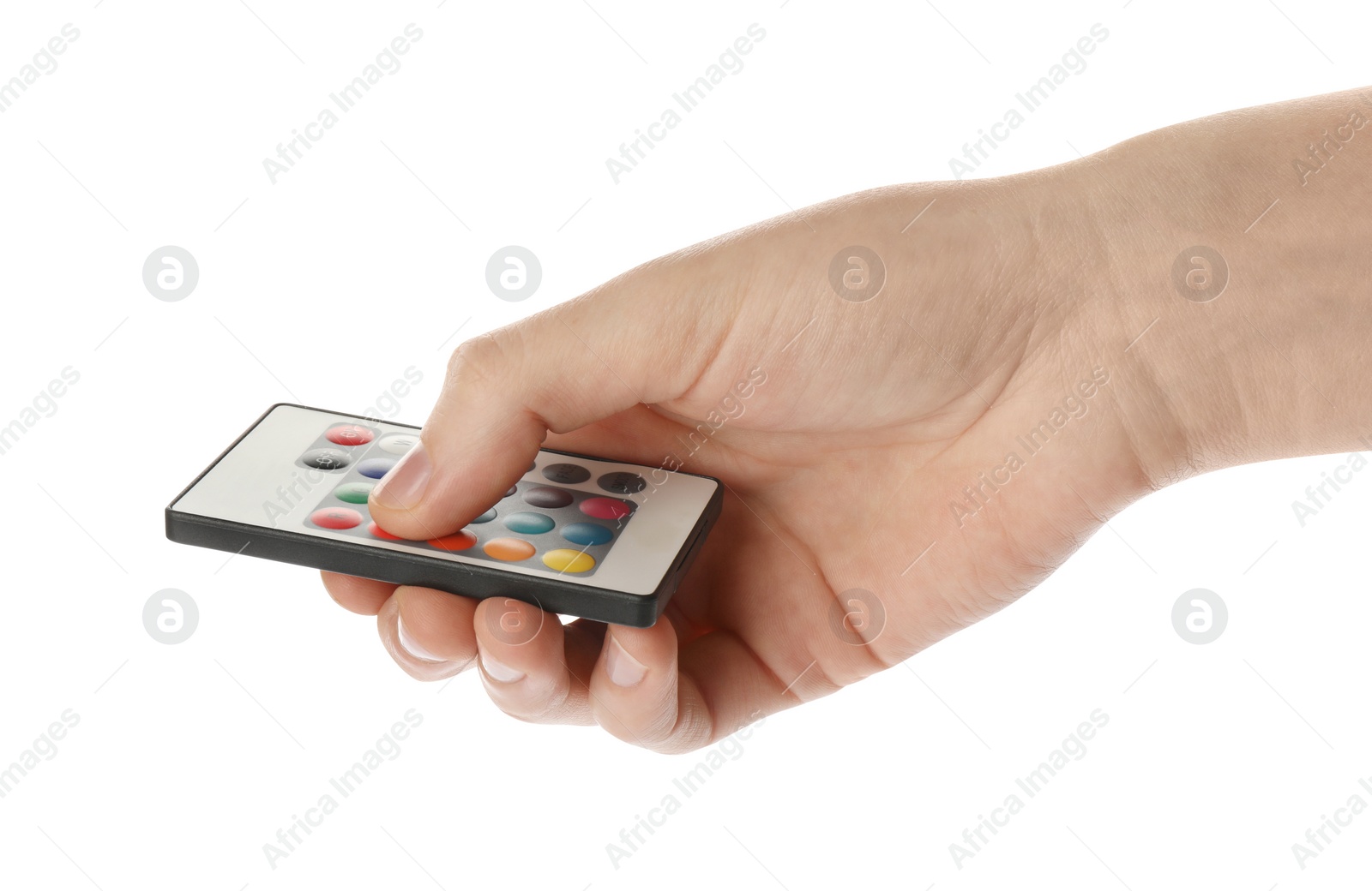 Photo of Woman holding remote control on white background, closeup