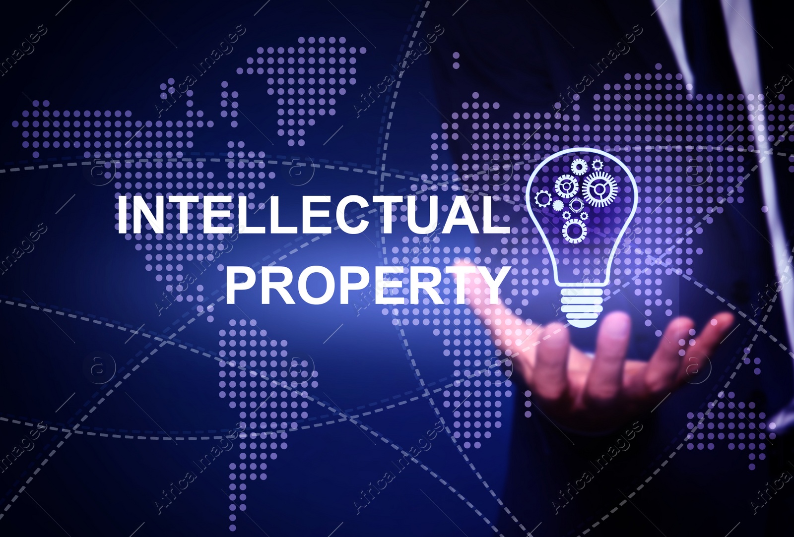 Image of Intellectual property concept. Man with light bulb and world map illustrations, closeup