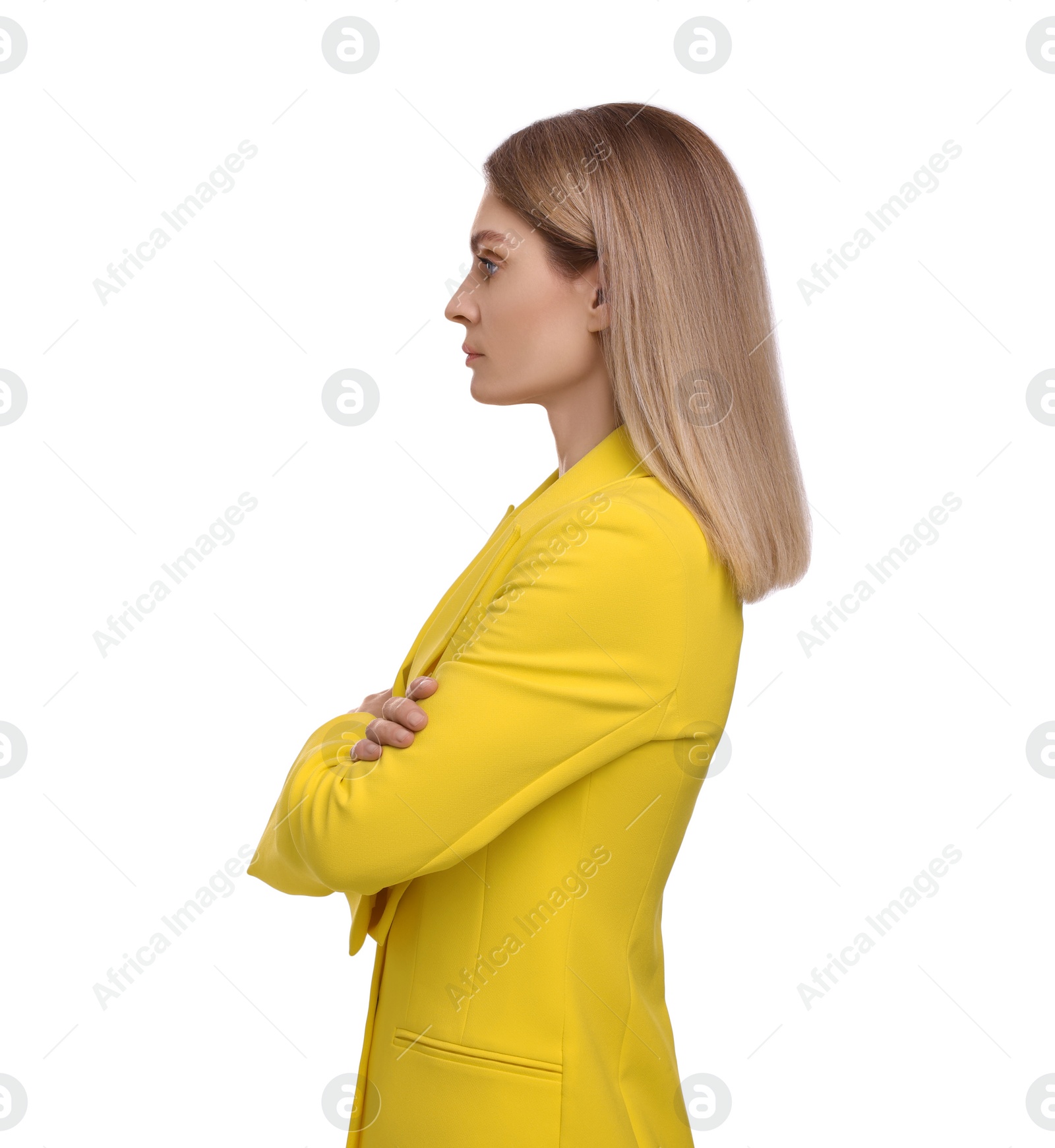 Photo of Beautiful businesswoman crossing arms on white background