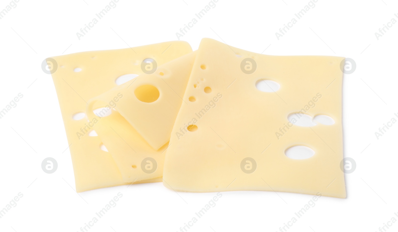 Photo of Slices of tasty fresh cheese isolated on white