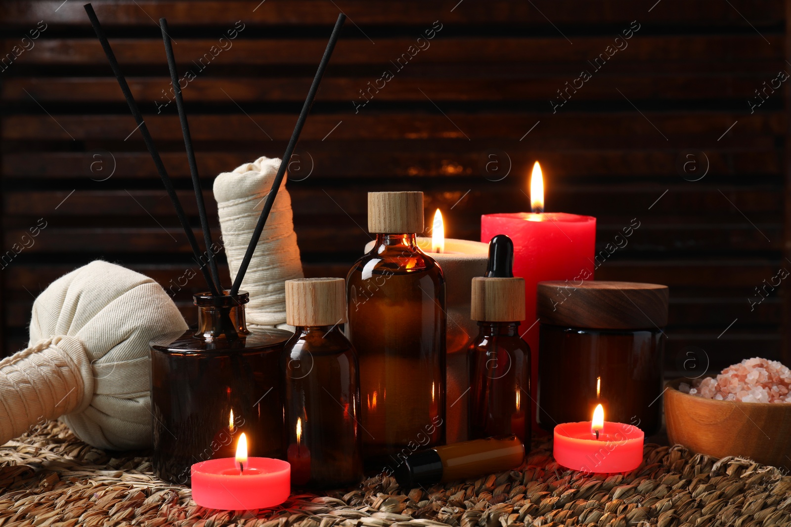 Photo of Different aromatherapy products and supplies on table