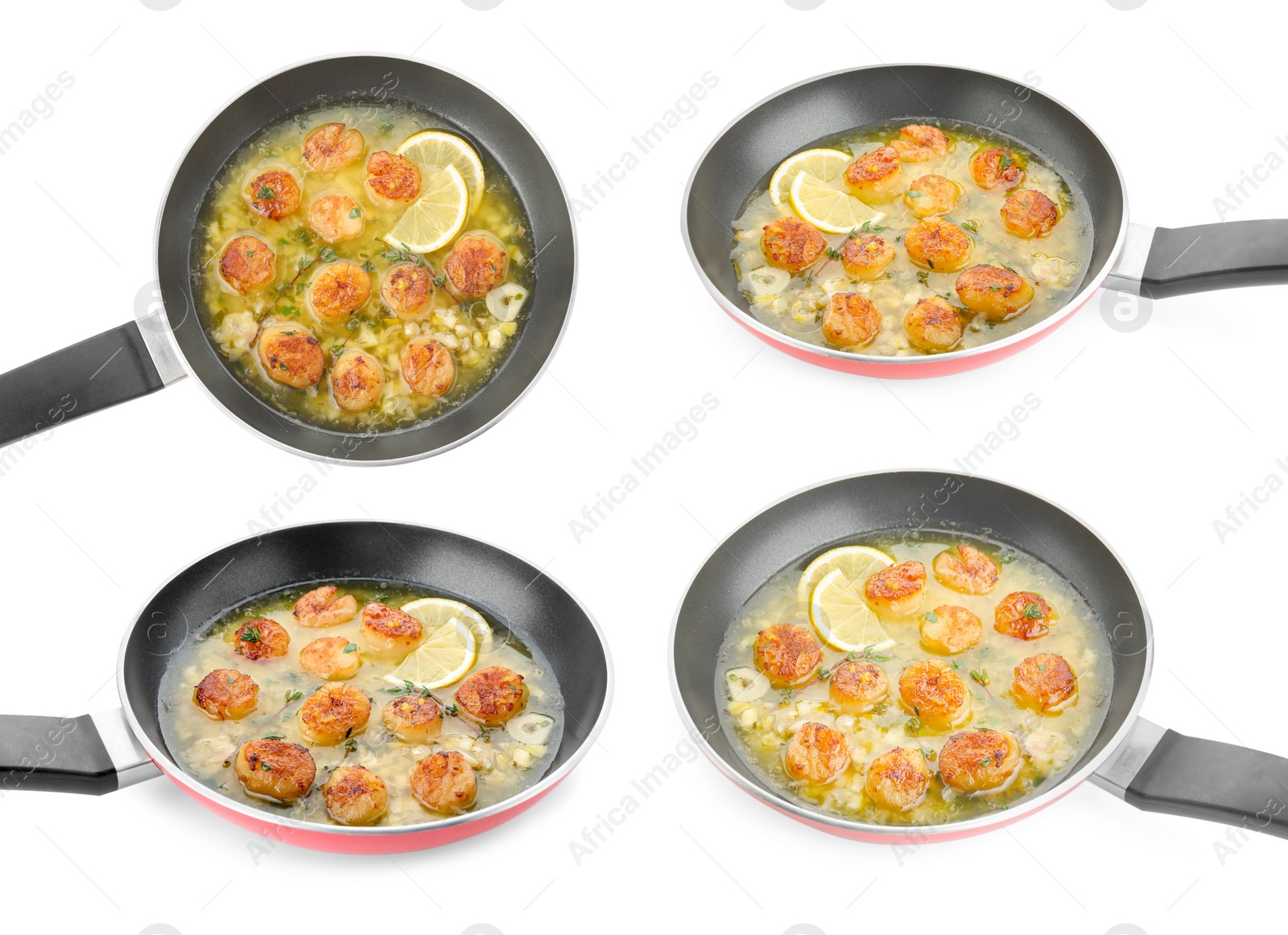 Image of Collage of delicious scallops with sauce in pan isolated on white