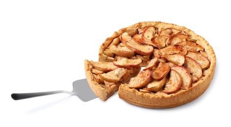 Sliced delicious apple pie and spatula on white background