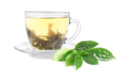 Image of Green tea in glass cup and green leaves isolated on white