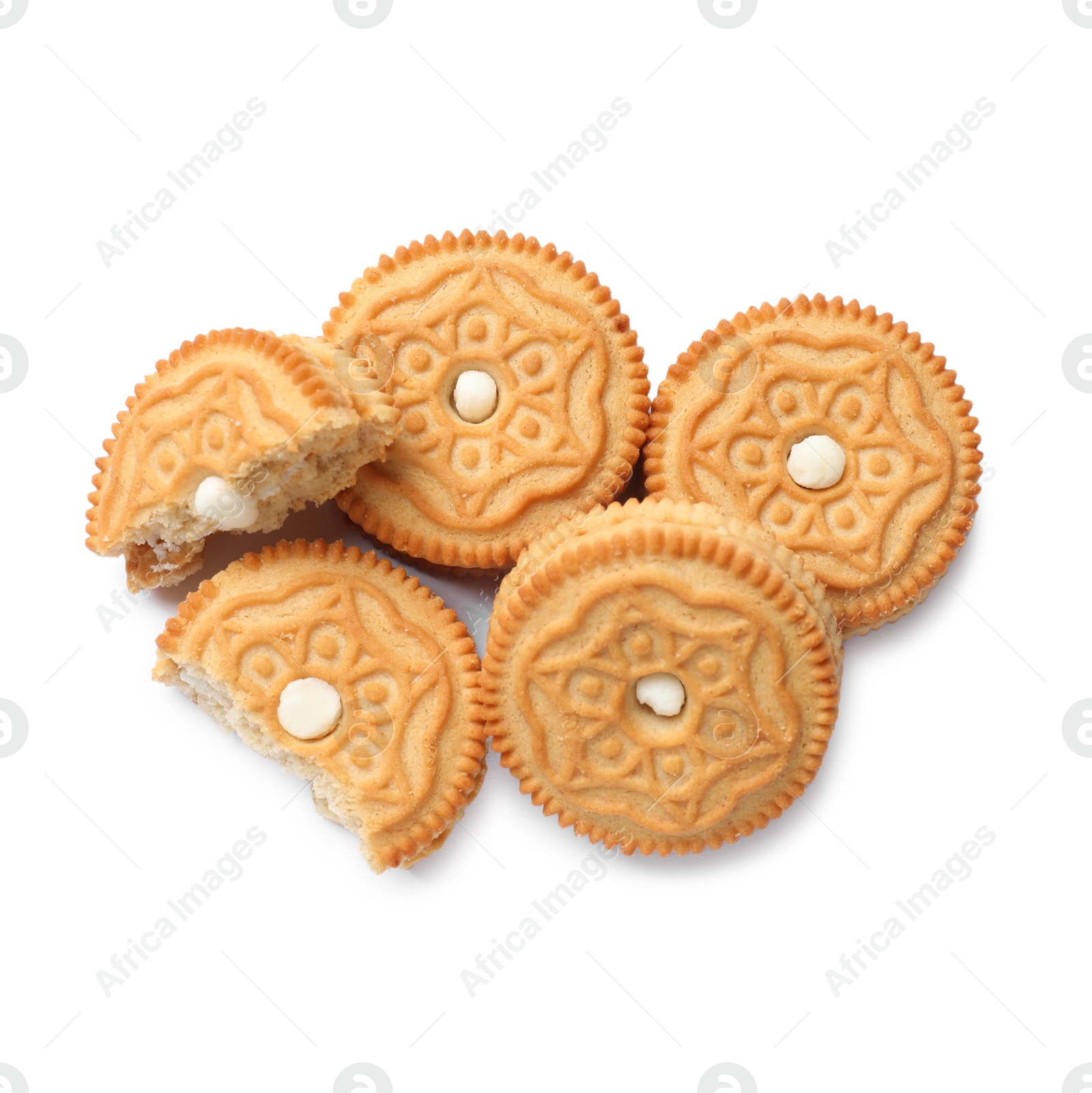 Photo of Tasty sandwich cookies isolated on white, top view