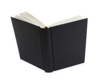 Open black hardcover book isolated on white