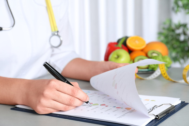 Female nutritionist with list of products at table, closeup