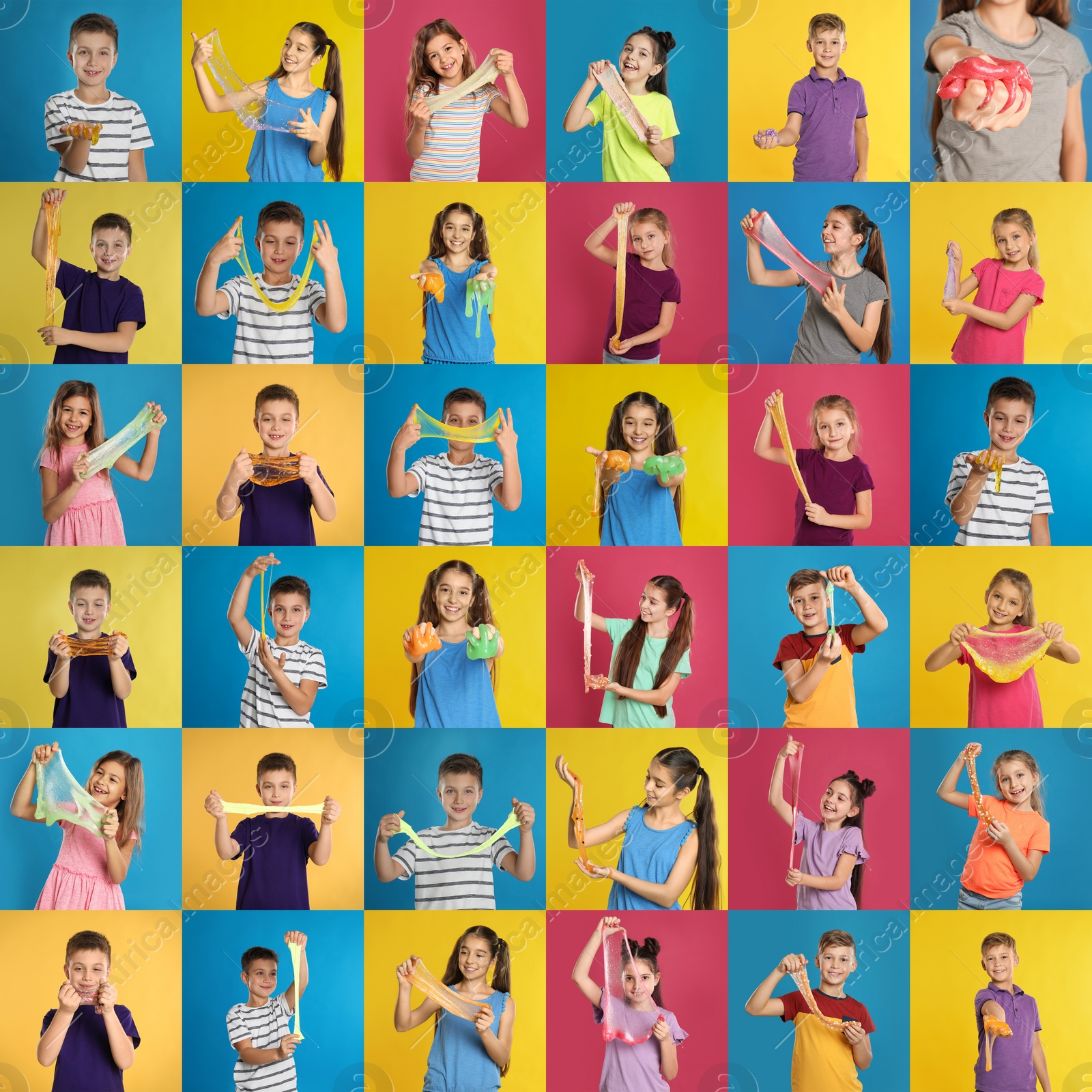 Image of Collage of children with different slimes on color backgrounds